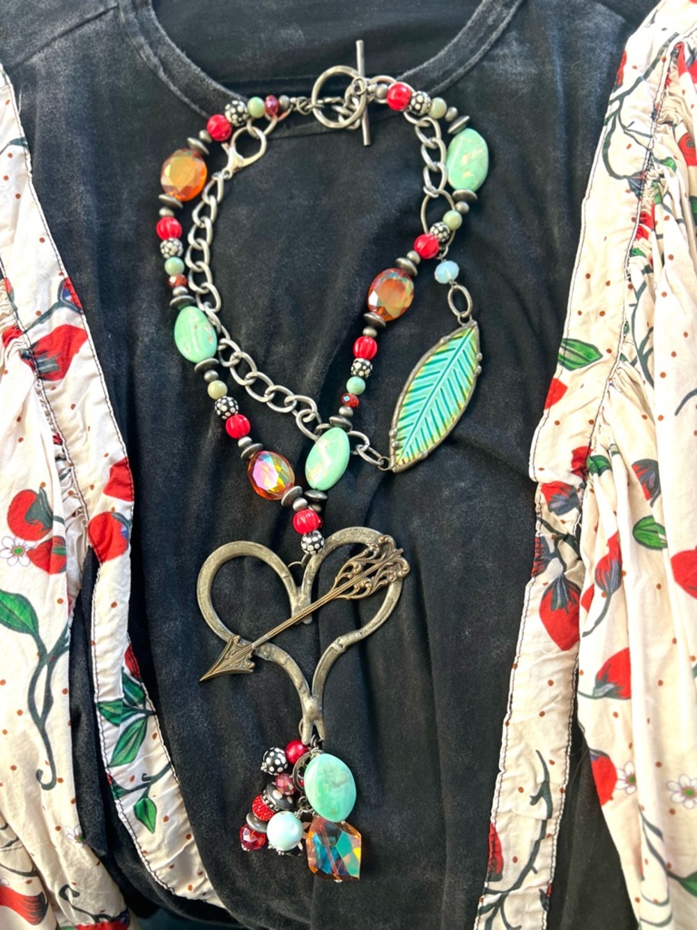 Handmade Art by Amy large Heart & Feather Pendant double Necklace